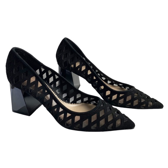 Zara Shoes - Black Geometric Mesh Pointed Toe Block Heel Pumps